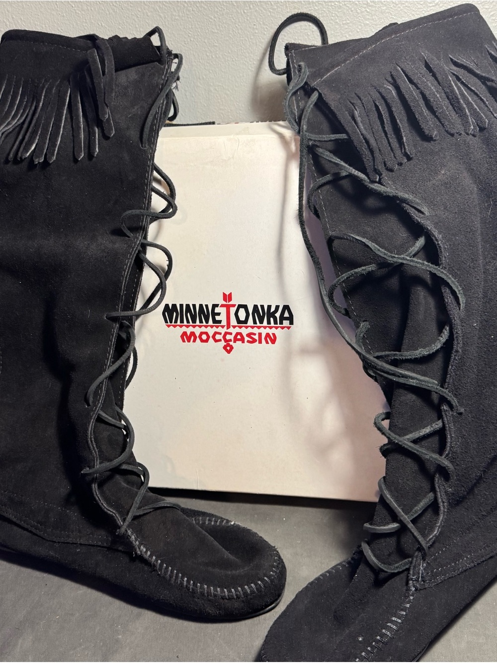 Minnetonka Black Suede Lace-Up Fringe Moccasins